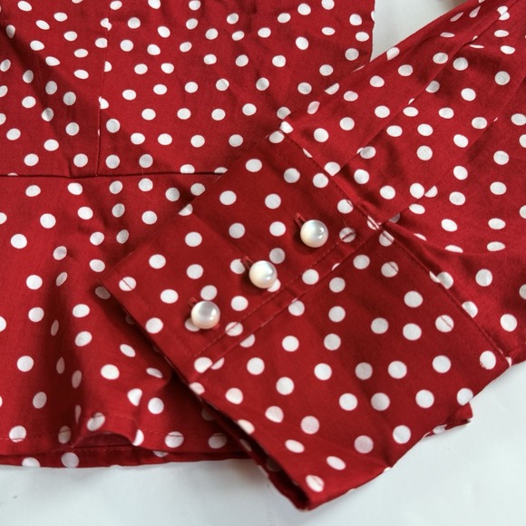 Jones New York Oxford Top Women L 12 14 Red White Polka Dot Peplum Long Sleeve - Picture 5 of 8